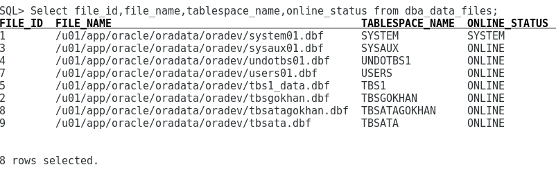 Tablespace sorgulama